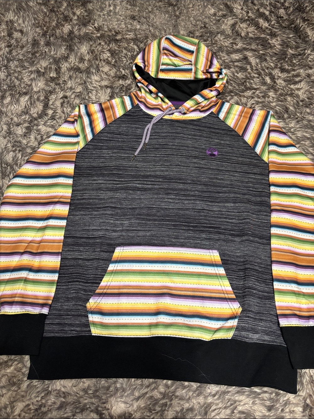 Hooey Charcoal Pullover Hoodie with Multicolor Striped Sleeves